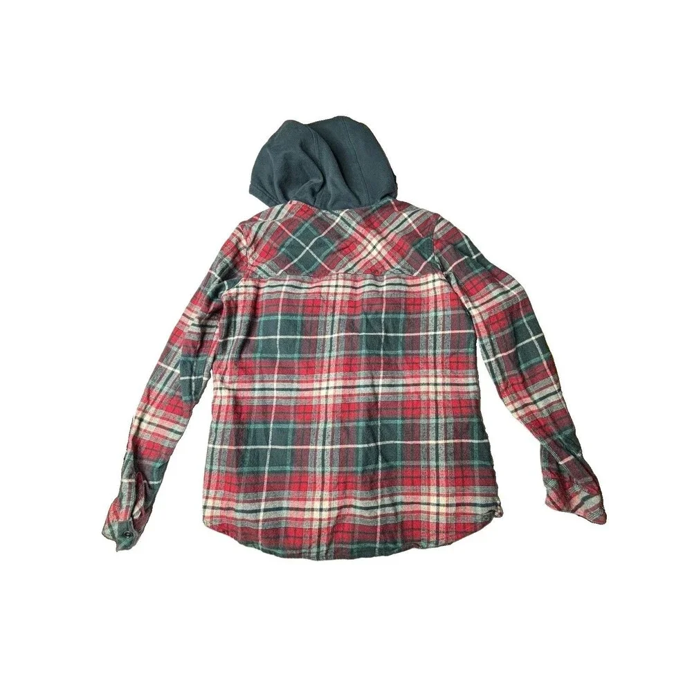 Columbia Boys Youth L Green Red White Plaid Flannet WIth hood